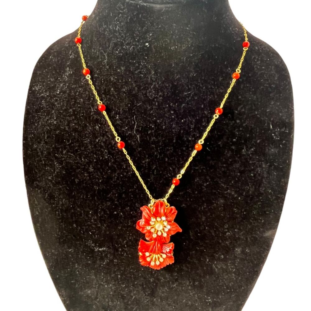 Joan Rivers Coral Enamel Flower Pendant Necklace Gold Rhinestone Cottagecore